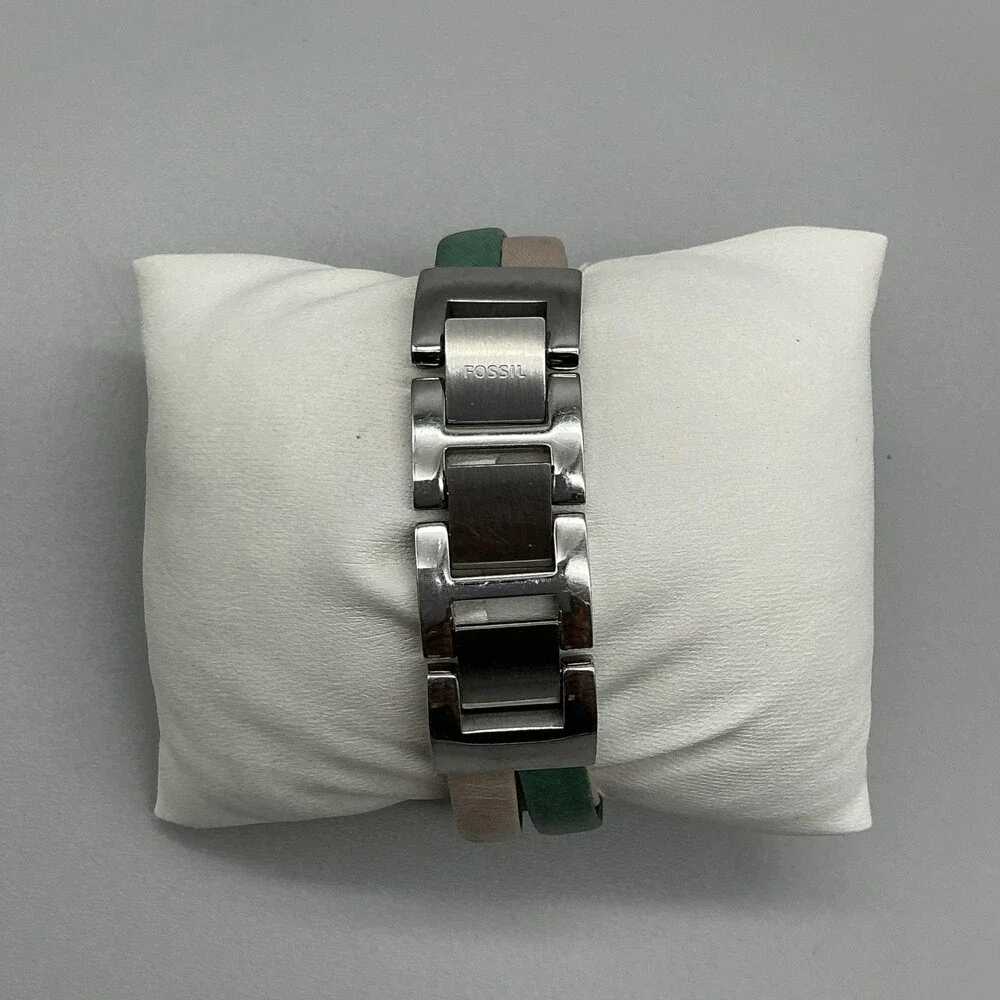 Fossil Georgia ES3224 Women Watch 32mm Silver Dial Green Tan Leather New Battery